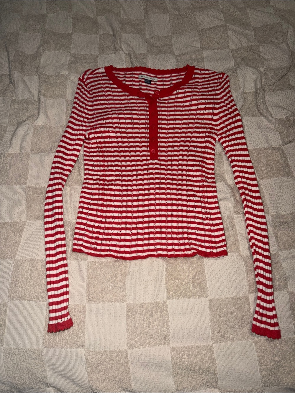 American Eagle Outfitters Red and White Striped Ribbed Henley Long-Sleeve Top